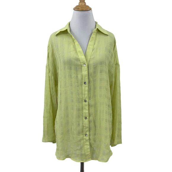 NewIn Shirt Womens M Medium Lime Light Semi Sheer Button Front Johnny Collar - Picture 1 of 15